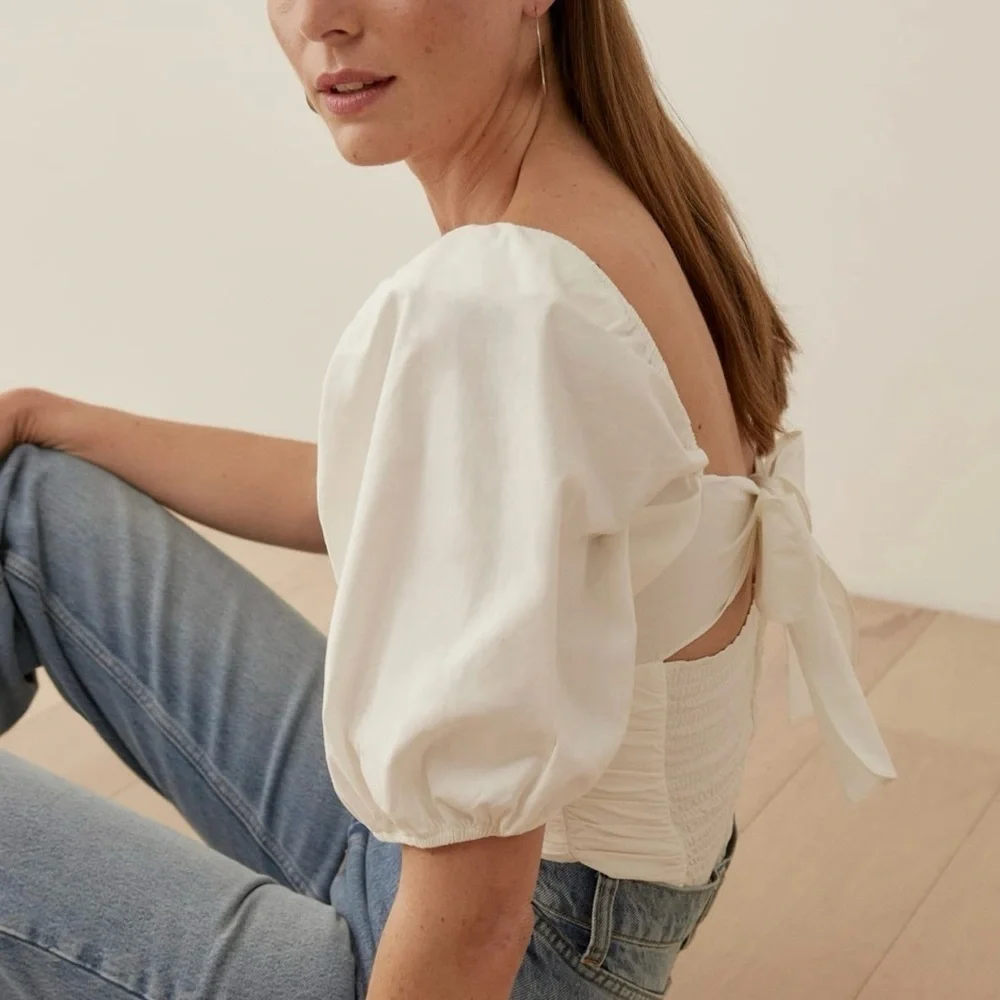 Reformation white puff sleeve ruched top NWT